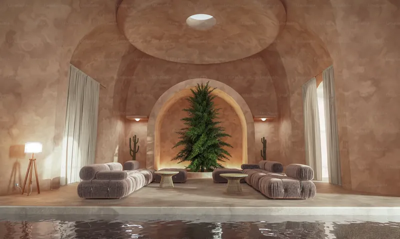 Warm, elegant relaxation lounge with soft seating at the spa